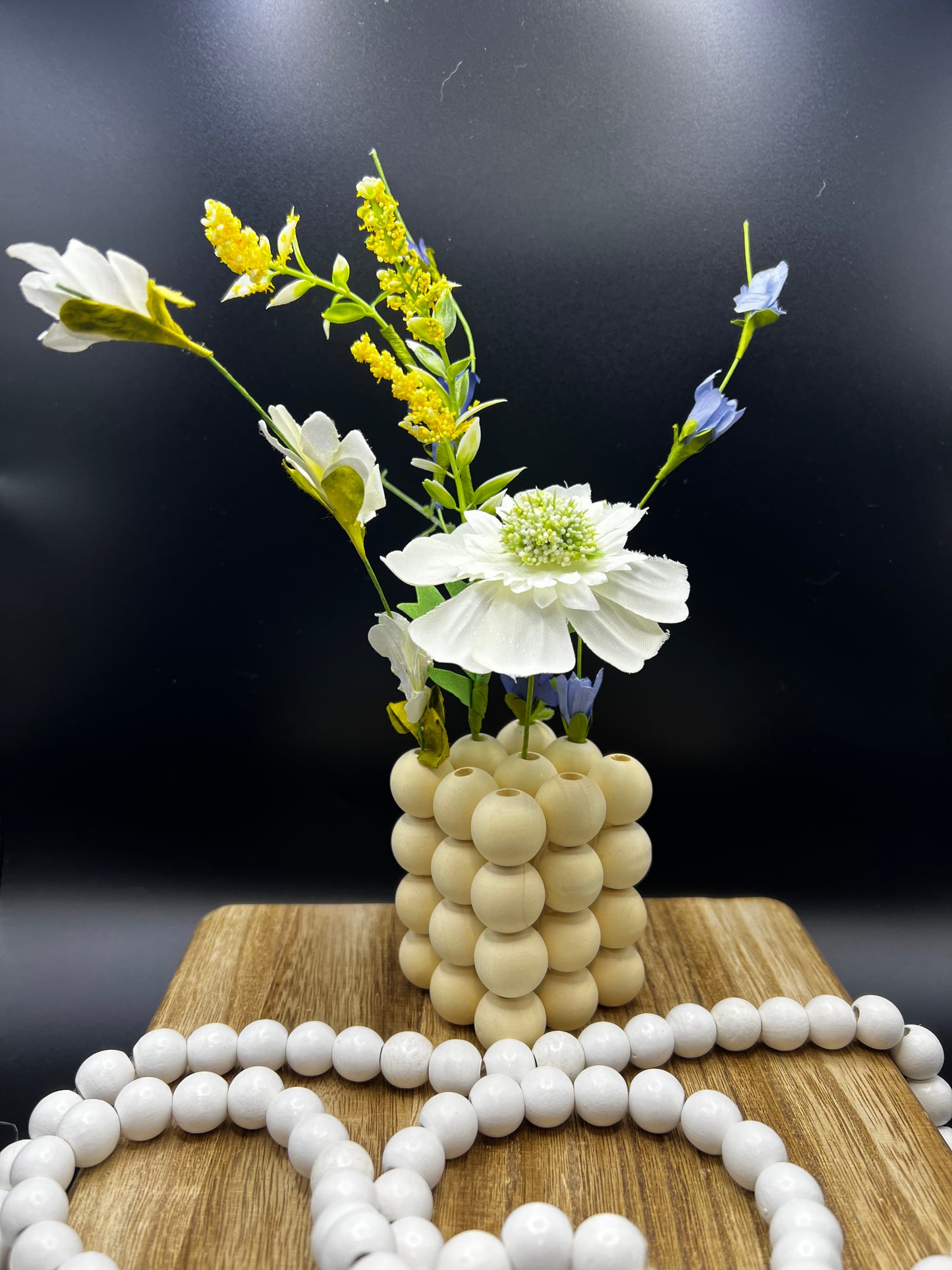 Beaded Wood Vase with Faux Floral Arrangement