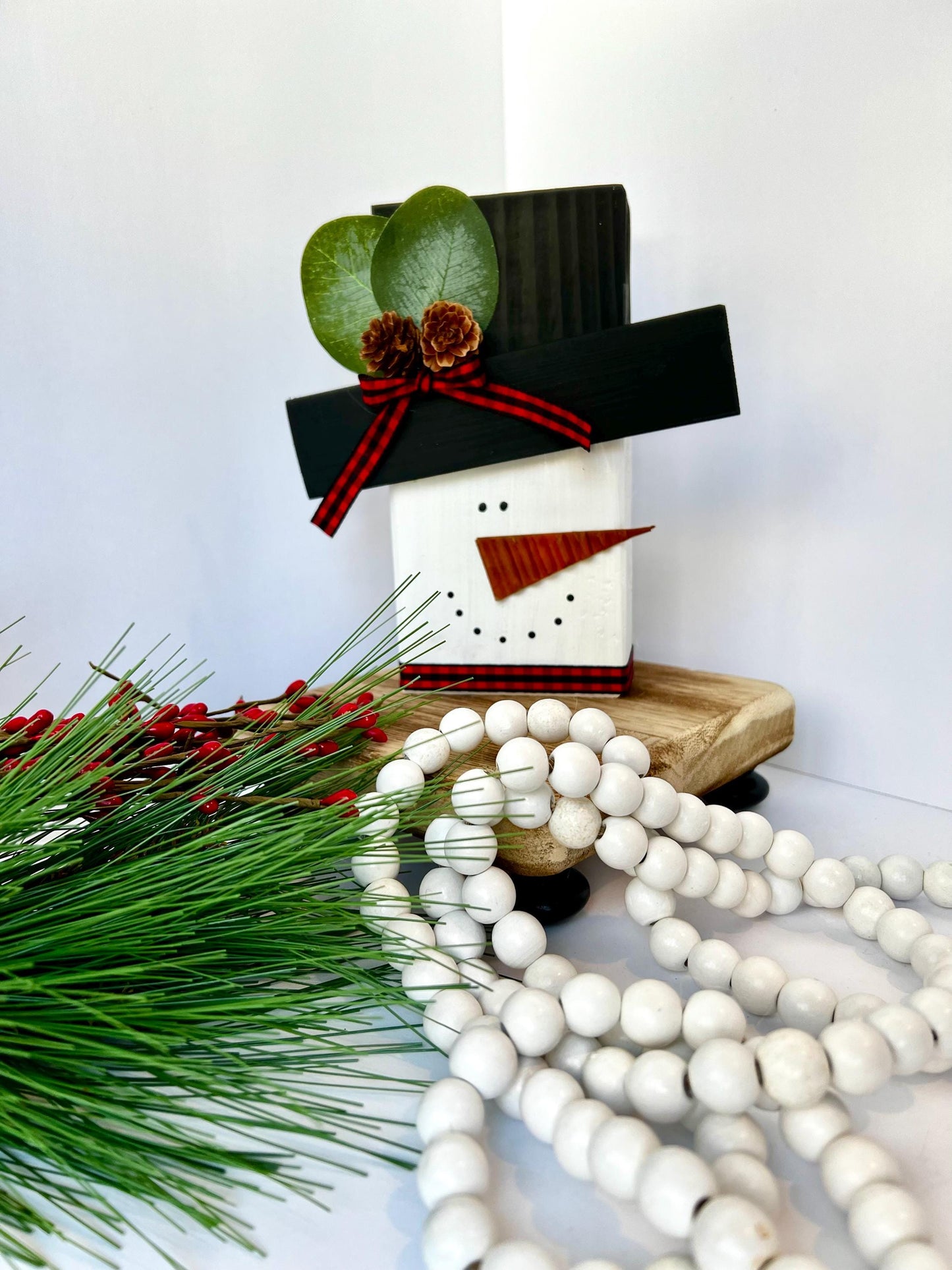 Wooden Snowman Shelf Sitter With Buffalo Plaid Bow