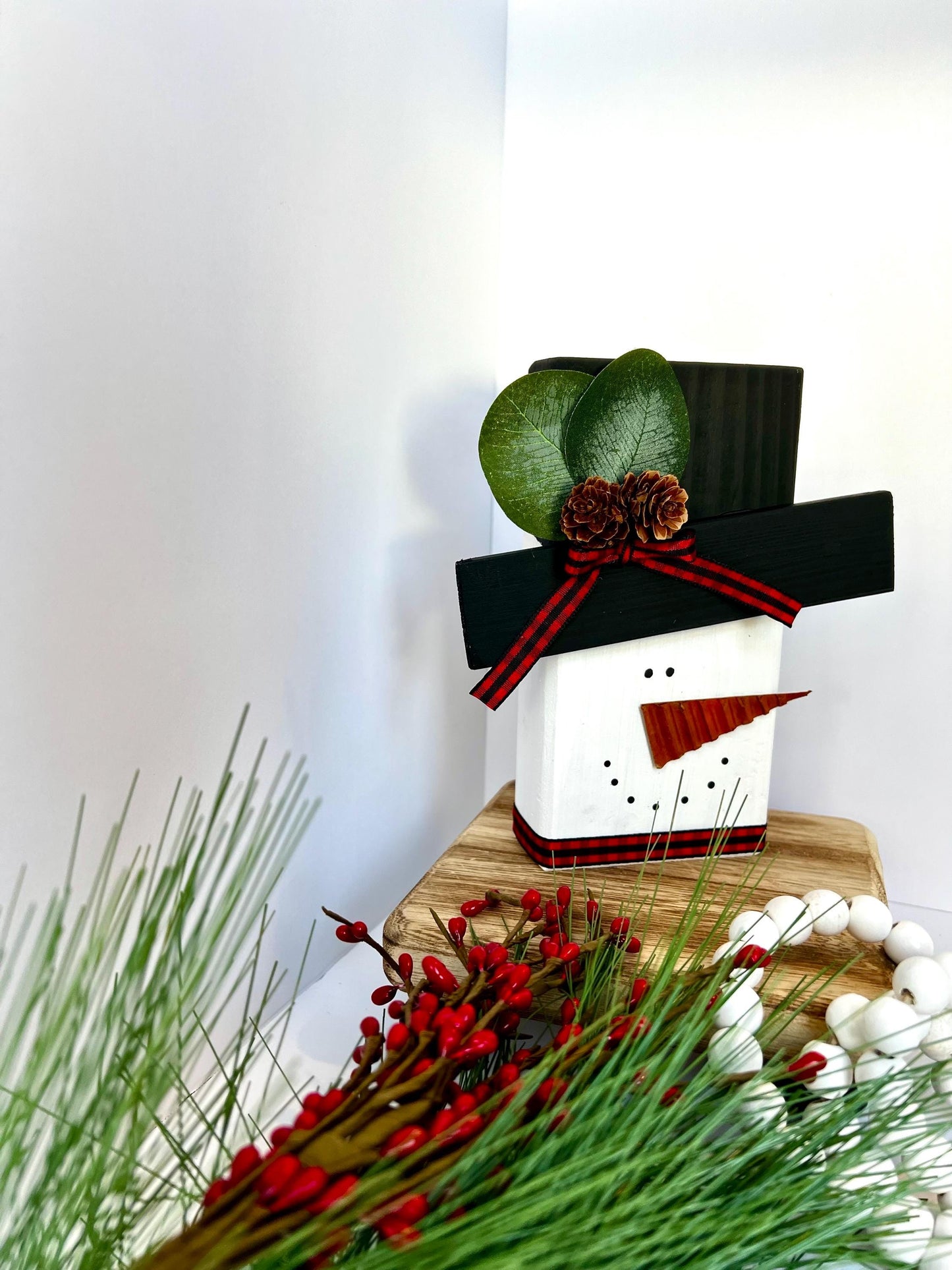 Wooden Snowman Shelf Sitter With Buffalo Plaid Bow