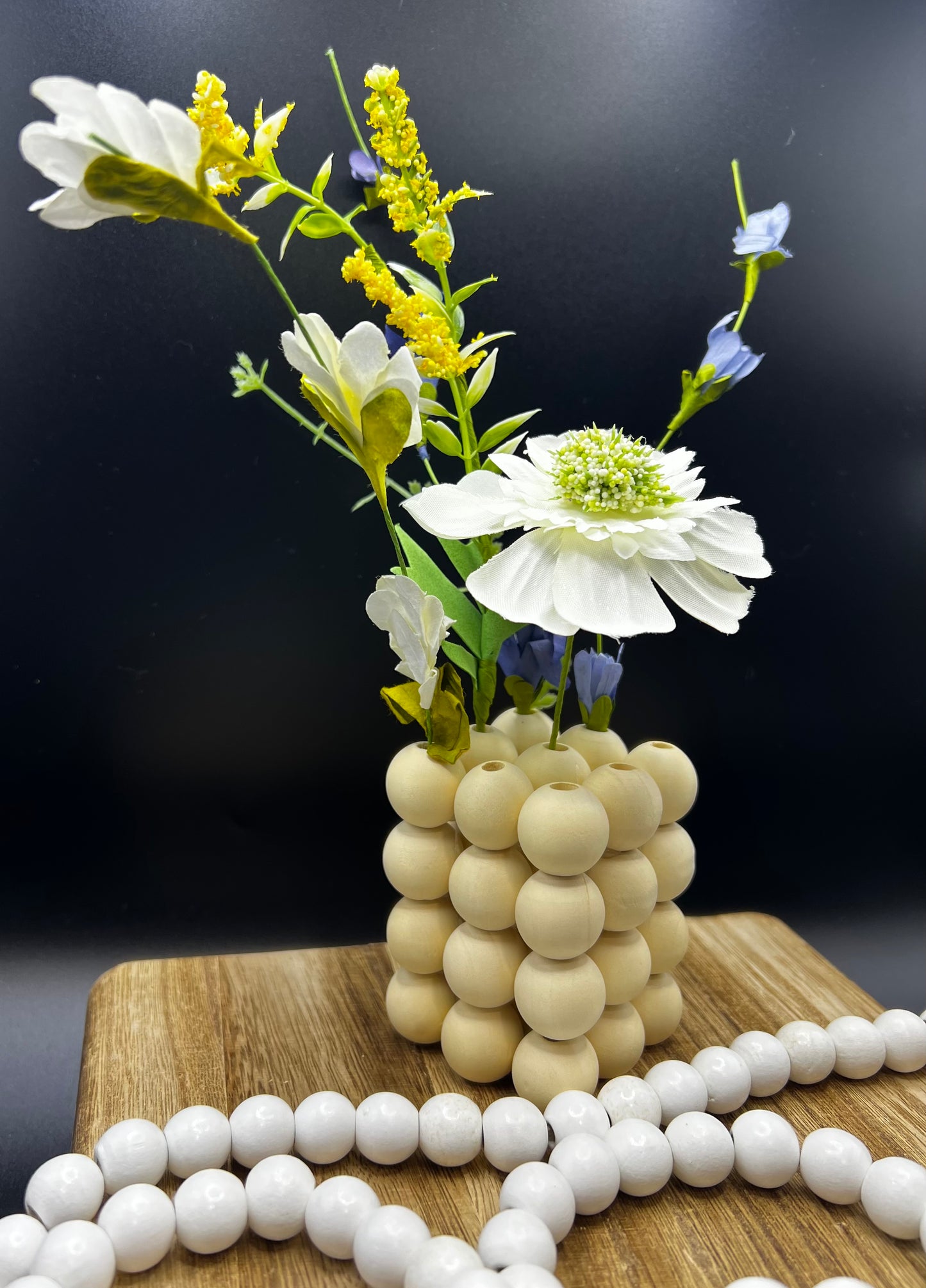 Beaded Wood Vase with Faux Floral Arrangement