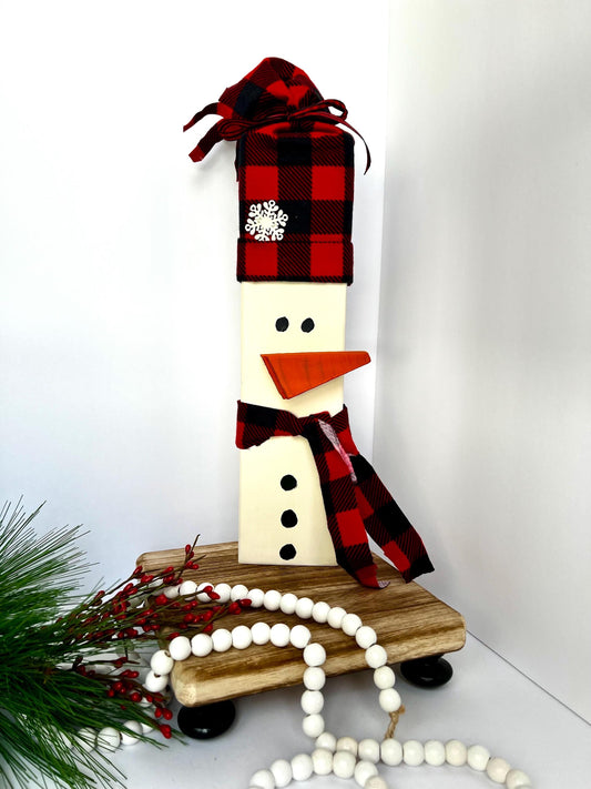 Woodson the snowman-Wood Block Snowman With Plaid Hat & Scarf