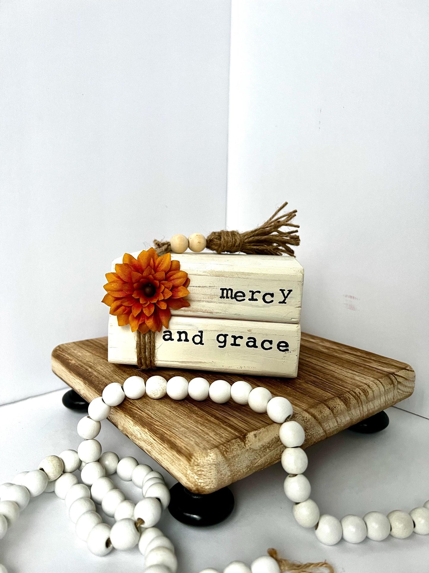 Wooden Book Stack “ Mercy and Grace”