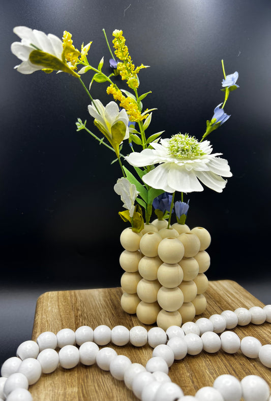 Beaded Wood Vase with Faux Floral Arrangement