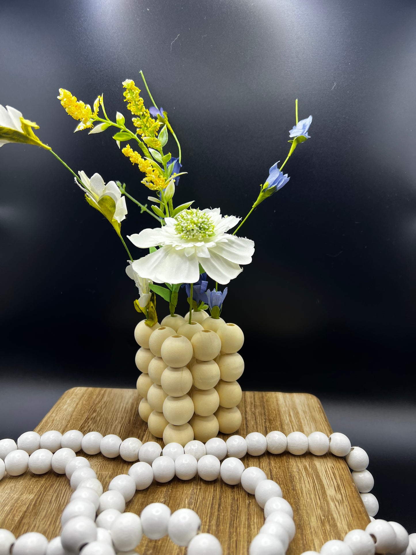 Beaded Wood Vase with Faux Floral Arrangement