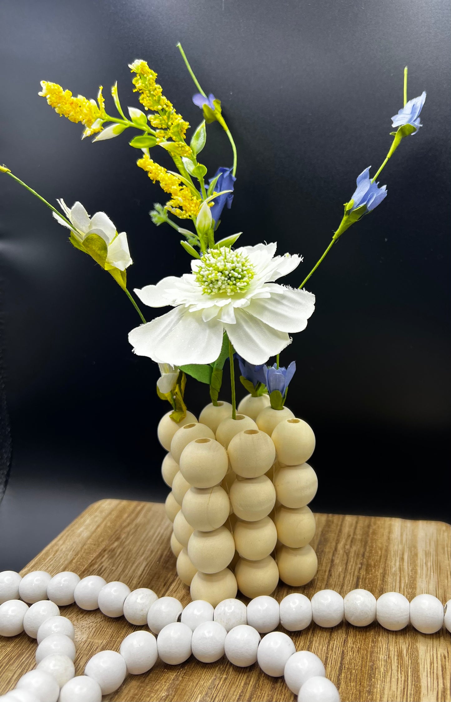 Beaded Wood Vase with Faux Floral Arrangement