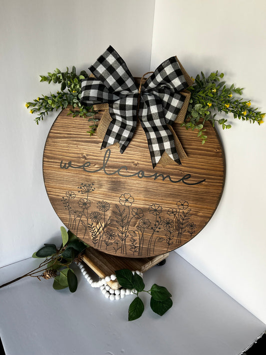 Rustic Floral “Welcome” Wooden Round Door Hanger