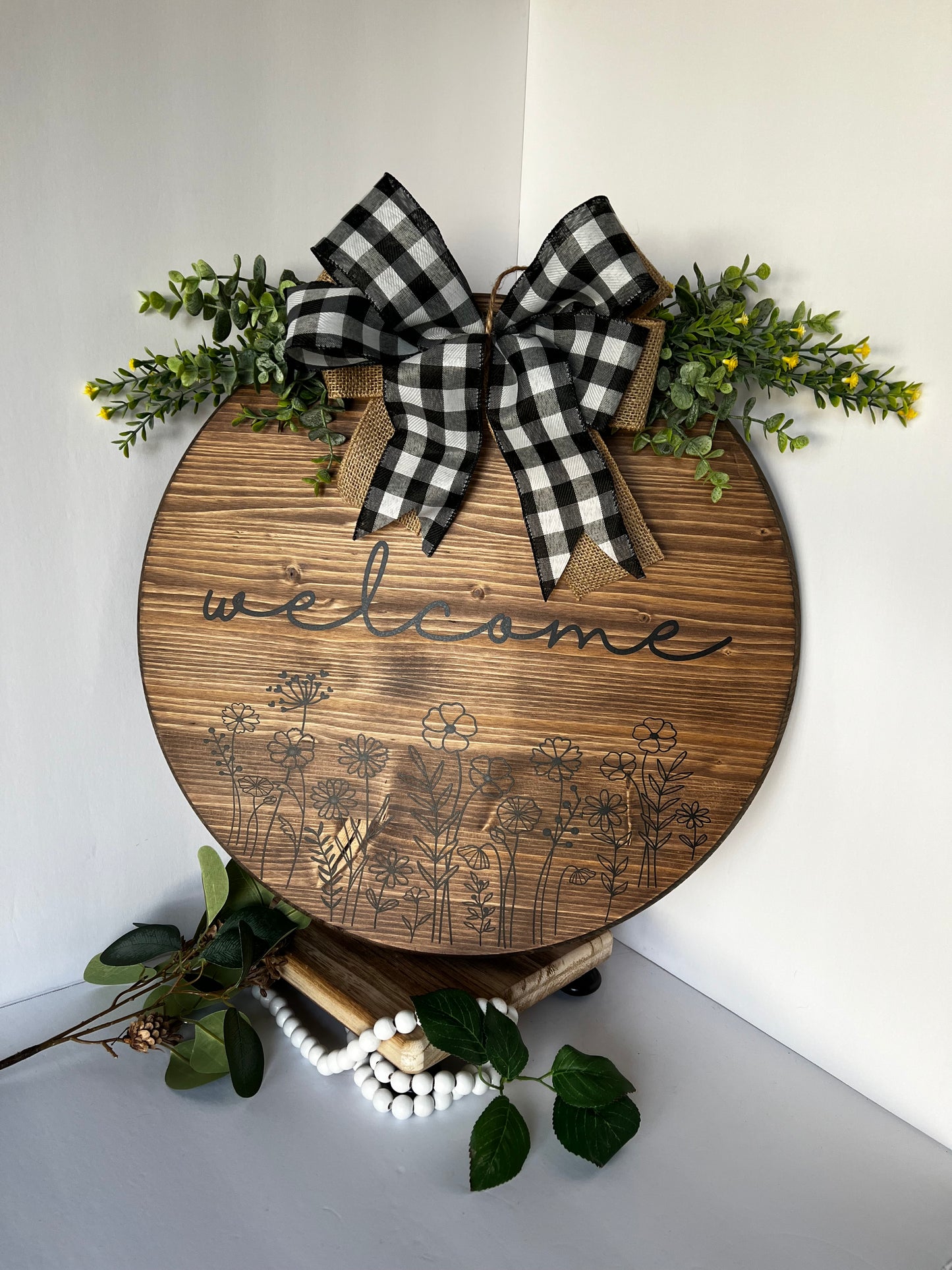 Rustic Floral “Welcome” Wooden Round Door Hanger