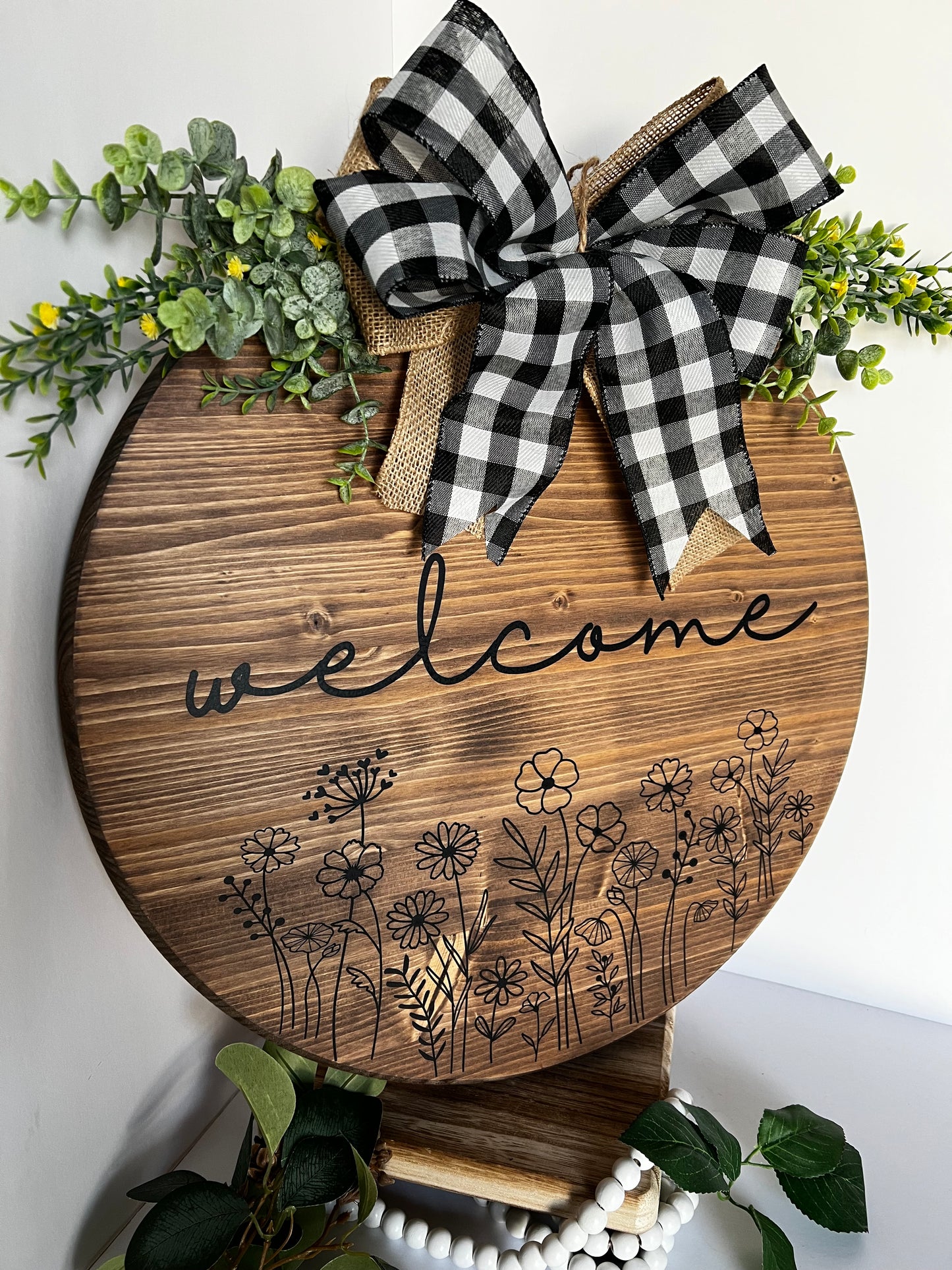 Rustic Floral “Welcome” Wooden Round Door Hanger