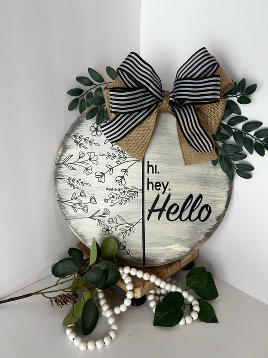 Modern Farmhouse “Hi. Hey. Hello” Wooden Door Hanger