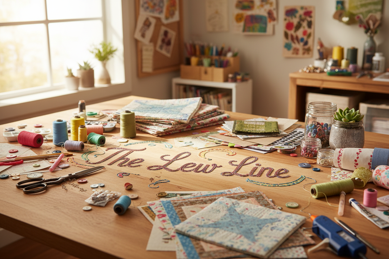 A craft table with the wording "The Lew Line" written acrossed it 