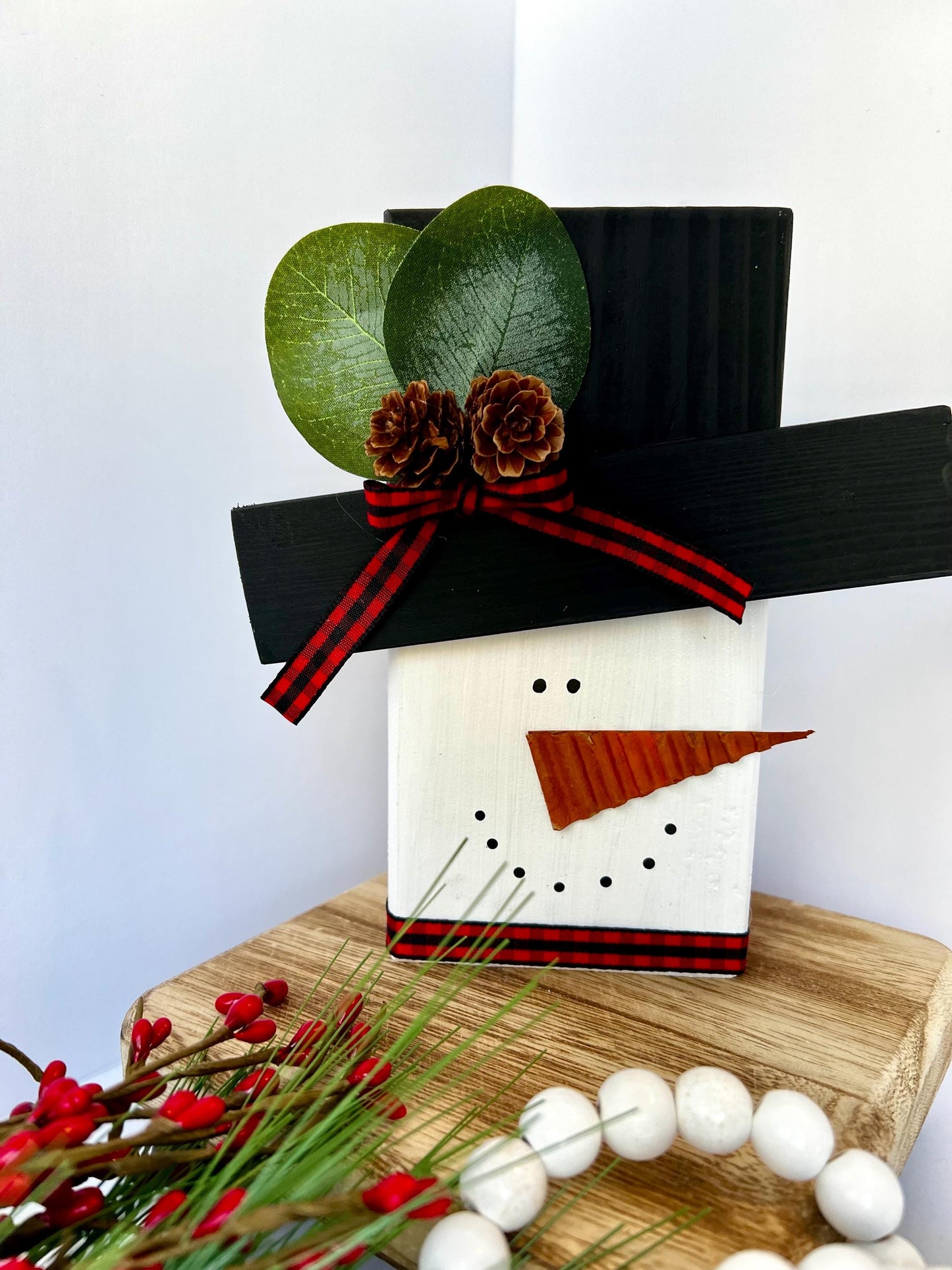 Wooden Snowman Shelf Sitter With Buffalo Plaid Bow