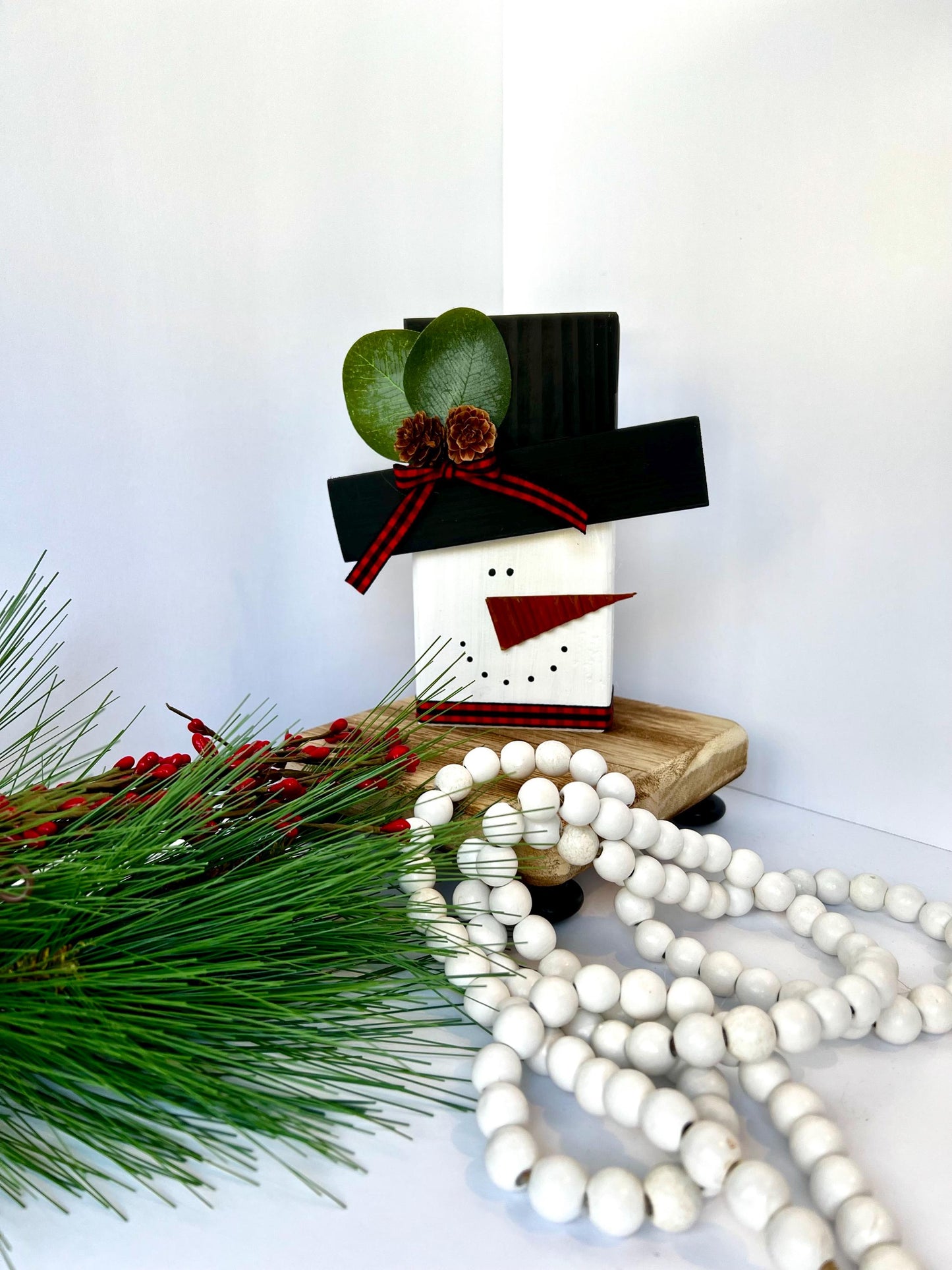 Wooden Snowman Shelf Sitter With Buffalo Plaid Bow