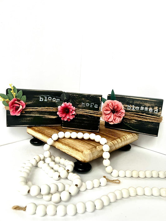 Mini Rustic Wood Block Signs | “Hope • Blessed • Bloom” | Farmhouse Shelf Sitters | Handmade Floral Decor