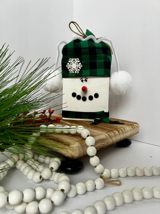 Wooden Snowman Block Decor (Green Buffalo Plaid Hat)